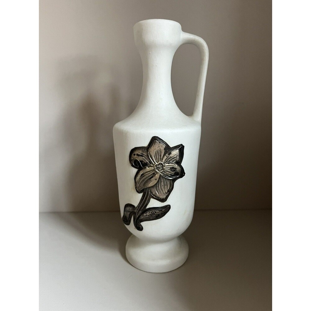 Made In Greece Porcelain Vase With Silver Flower Overlay